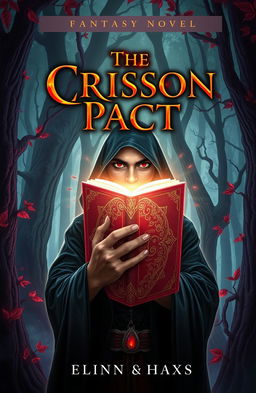 A stunning book cover illustration for a fantasy novel titled "The Crimson Pact"