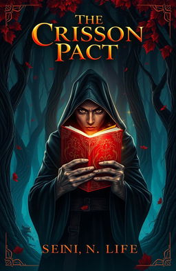 A stunning book cover illustration for a fantasy novel titled "The Crimson Pact"