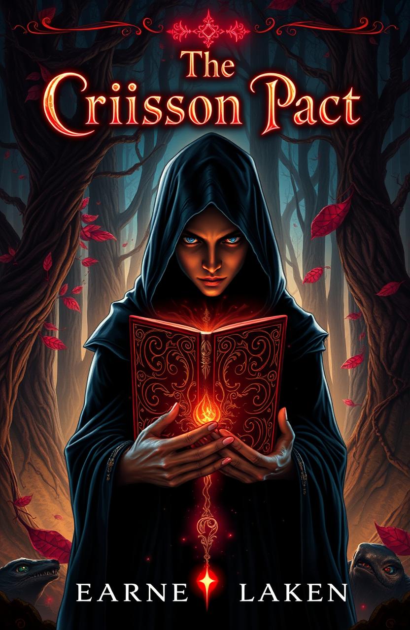 A stunning book cover illustration for a fantasy novel titled "The Crimson Pact"