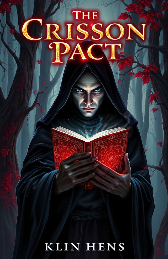 A stunning book cover illustration for a fantasy novel titled "The Crimson Pact"