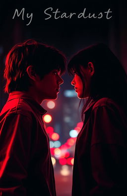 A dark romance scene between two teenagers who are locked in a fierce gaze filled with both hate and passion