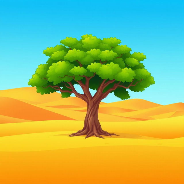 A cartoon-style illustration of a solitary banyan tree standing alone in a wide desert landscape