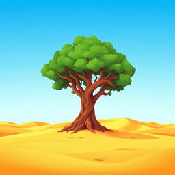 A cartoon-style illustration of a solitary banyan tree standing alone in a wide desert landscape