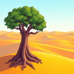 A cartoon-style illustration of a solitary banyan tree standing alone in a wide desert landscape