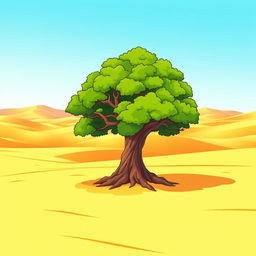 A cartoon-style illustration of a solitary banyan tree standing alone in a wide desert landscape