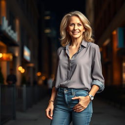 A fashionable middle-aged woman, exuding confidence and charm, dressed in a pair of stylish, fitted jeans and a trendy blouse
