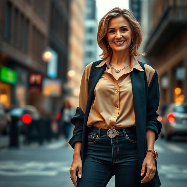 A fashionable middle-aged woman, exuding confidence and charm, dressed in a pair of stylish, fitted jeans and a trendy blouse