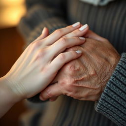 A beautiful close-up of a woman's delicate hand gently holding the rough, weathered hand of an elderly man