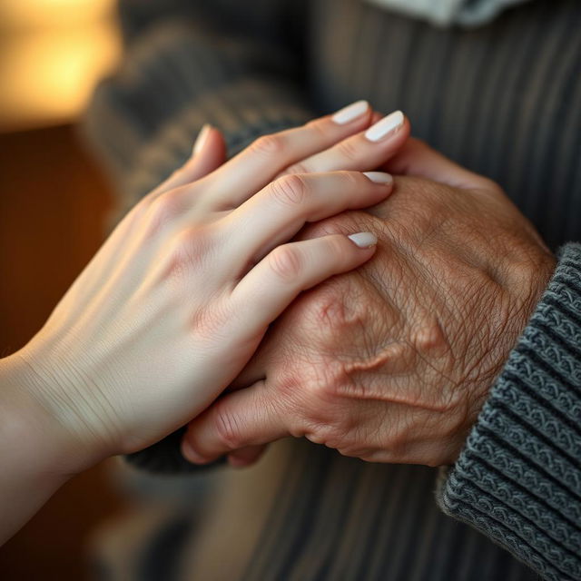 A beautiful close-up of a woman's delicate hand gently holding the rough, weathered hand of an elderly man