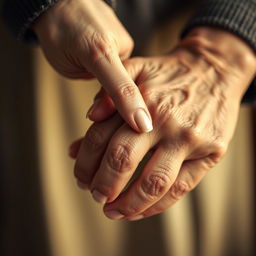 A beautiful close-up of a woman's delicate hand gently holding the rough, weathered hand of an elderly man
