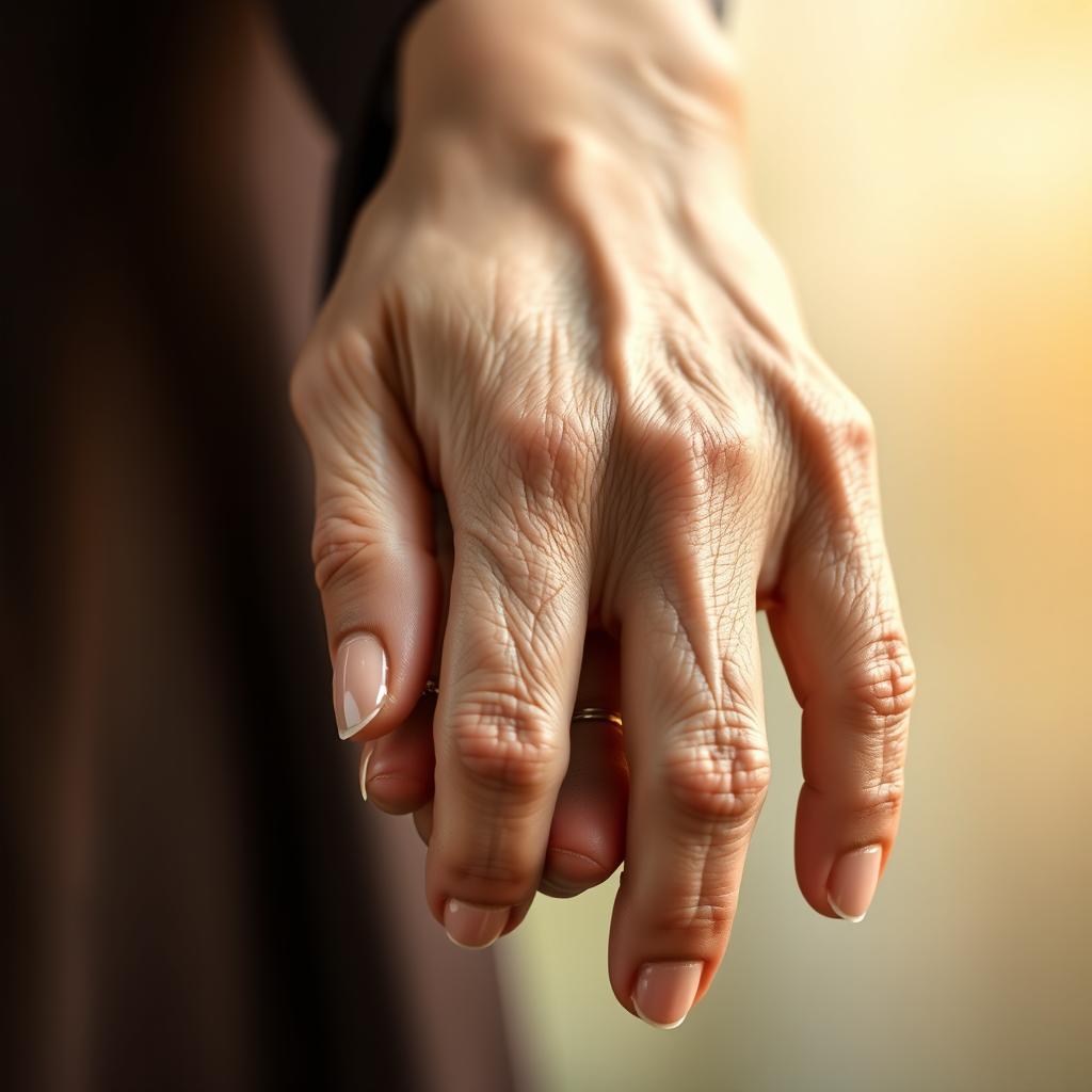 A beautiful close-up of a woman's delicate hand gently holding the rough, weathered hand of an elderly man