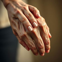 A beautiful close-up of a woman's delicate hand gently holding the rough, weathered hand of an elderly man