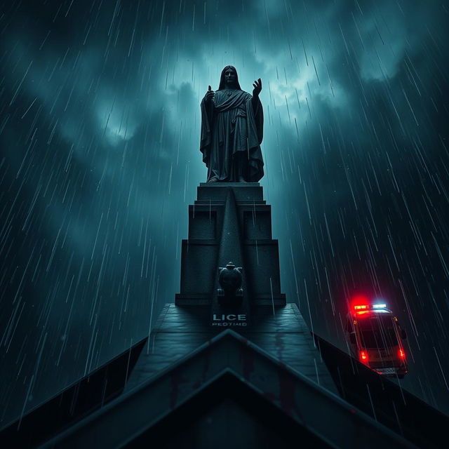 A dramatic perspective of a blood-stained statue atop a cathedral at night, with rain pouring down