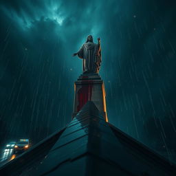 A dramatic perspective of a blood-stained statue atop a cathedral at night, with rain pouring down