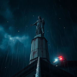 A dramatic perspective of a blood-stained statue atop a cathedral at night, with rain pouring down