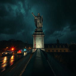 A dramatic perspective of a blood-stained statue atop a cathedral at night, with rain pouring down