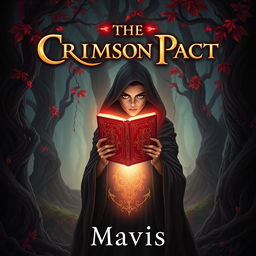 A captivating book cover illustration for a fantasy novel titled "The Crimson Pact" by author Mavis