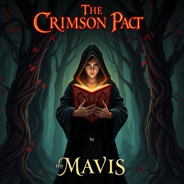 A captivating book cover illustration for a fantasy novel titled "The Crimson Pact" by author Mavis