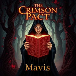 A captivating book cover illustration for a fantasy novel titled "The Crimson Pact" by author Mavis