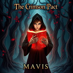 A captivating book cover illustration for a fantasy novel titled "The Crimson Pact" by author Mavis