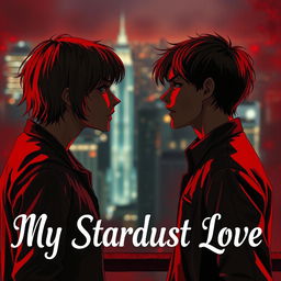 A dark romance scene depicting two teenage characters who embody both hatred and passion in their expressions as they gaze at each other intensely