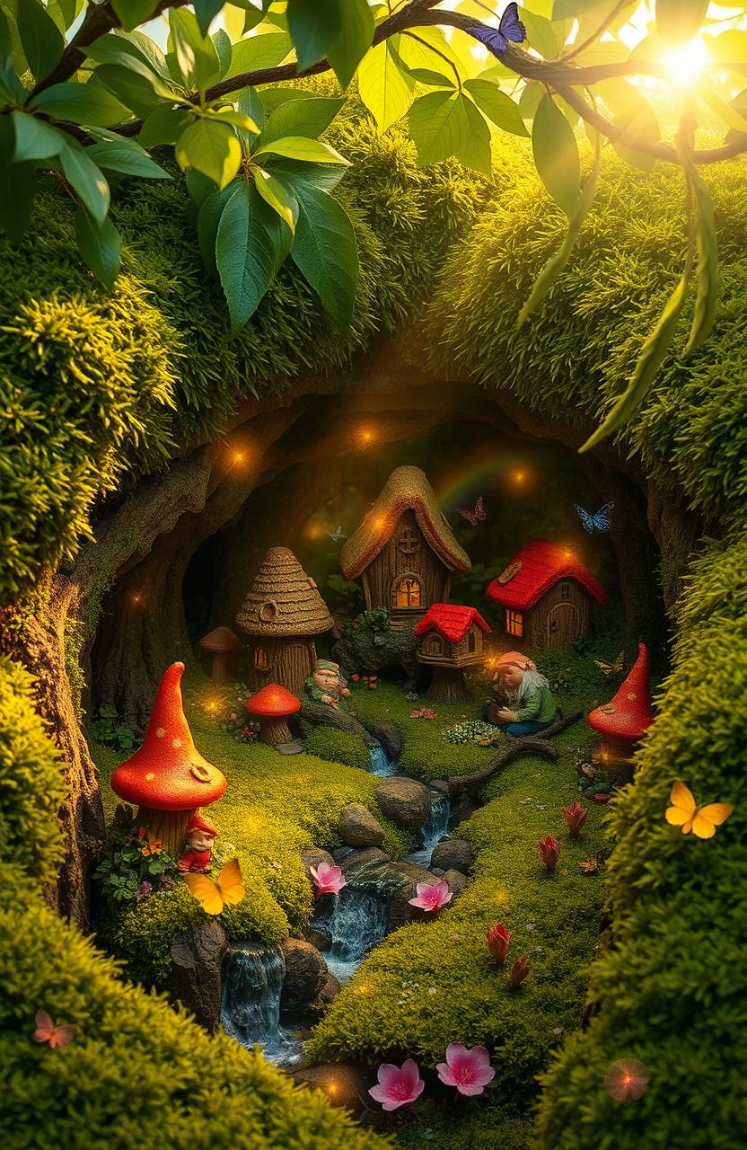 An enchanting forest scene revealing a hidden gnome community beneath thick, vibrant moss