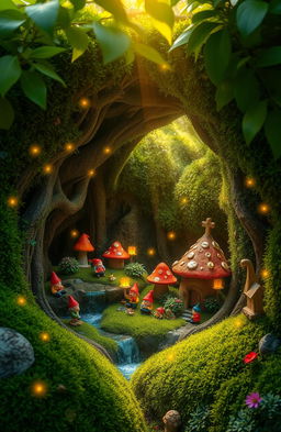 An enchanting forest scene revealing a hidden gnome community beneath thick, vibrant moss