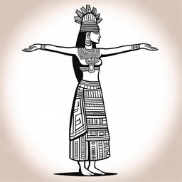 A full drawing of an Aztec woman standing in profile, raising her arms upwards, isolated with nothing around her.