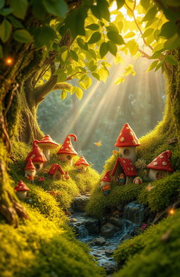 An enchanting forest scene revealing a hidden gnome community beneath thick, vibrant moss