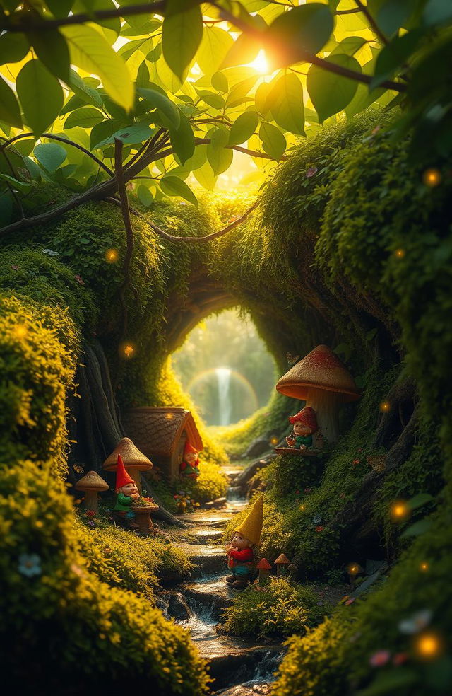 An enchanting forest scene revealing a hidden gnome community beneath thick, vibrant moss