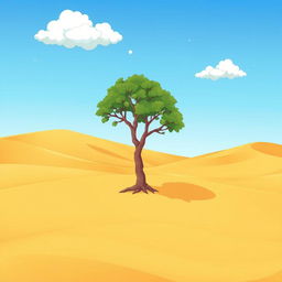 A cartoon-style illustration of a small banyan tree standing alone in a wide desert landscape