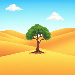 A cartoon-style illustration of a small banyan tree standing alone in a wide desert landscape