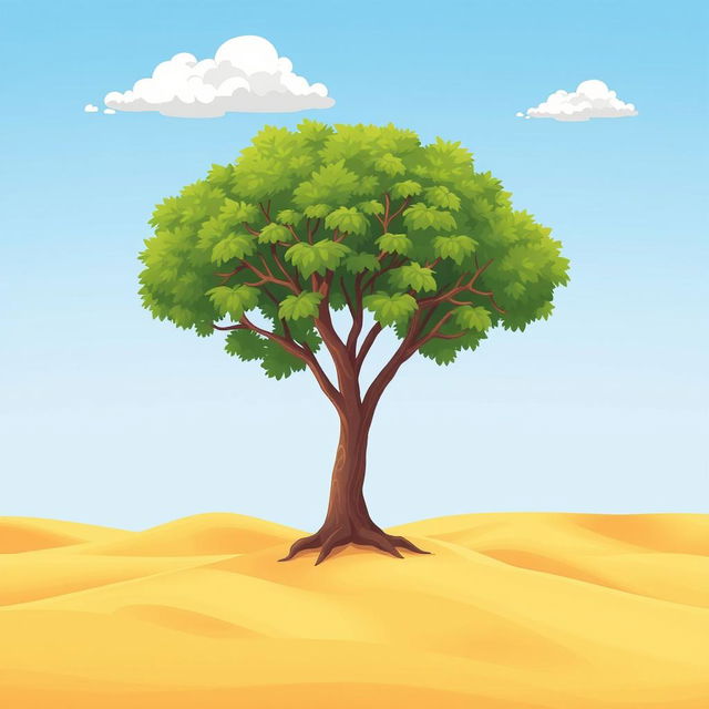 A cartoon-style illustration of a small banyan tree standing alone in a wide desert landscape