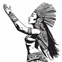 A full drawing of an Aztec woman standing in profile, raising her arms upwards, isolated with nothing around her.