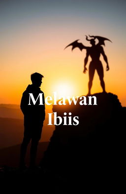 A silhouette of a young man standing on the edge of a cliff, gazing into the distance, symbolizing the struggle between good and evil