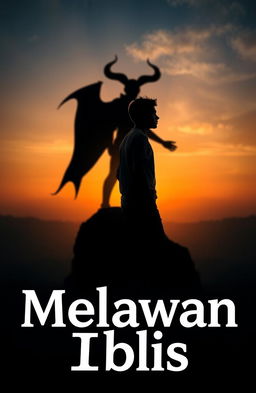 A silhouette of a young man standing on the edge of a cliff, gazing into the distance, symbolizing the struggle between good and evil