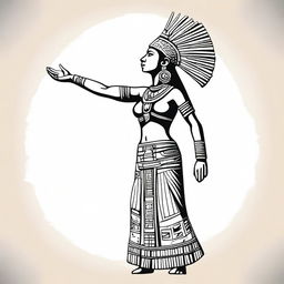 A full drawing of an Aztec woman standing in profile, raising her arms upwards, isolated with nothing around her.