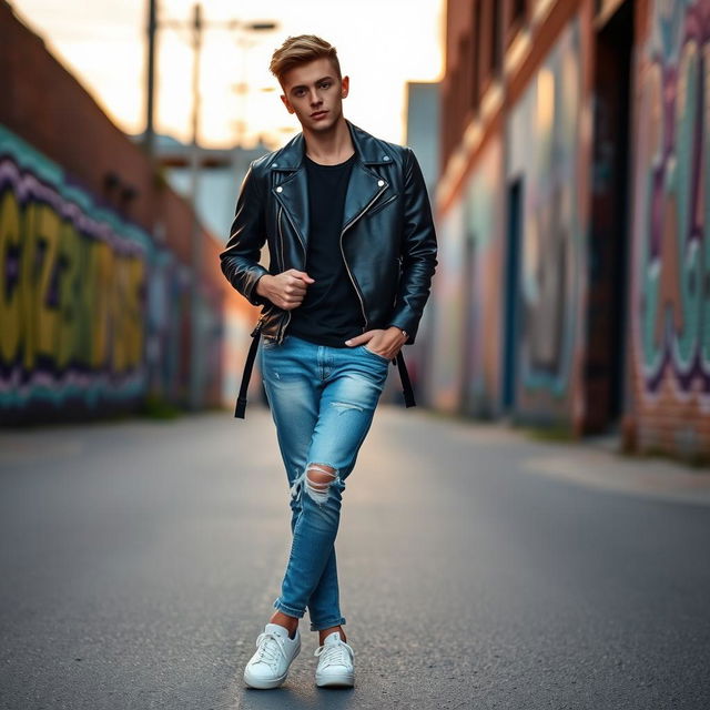 A fashionable young adult wearing stylish, distressed blue jeans, paired with a trendy black leather jacket