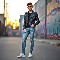 A fashionable young adult wearing stylish, distressed blue jeans, paired with a trendy black leather jacket