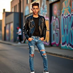A fashionable young adult wearing stylish, distressed blue jeans, paired with a trendy black leather jacket