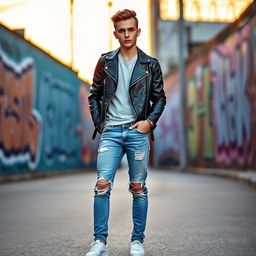 A fashionable young adult wearing stylish, distressed blue jeans, paired with a trendy black leather jacket
