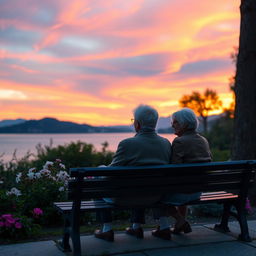 An elderly couple sitting on a park bench, gazing at the horizon