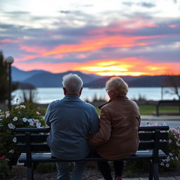 An elderly couple sitting on a park bench, gazing at the horizon