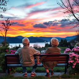 An elderly couple sitting on a park bench, gazing at the horizon