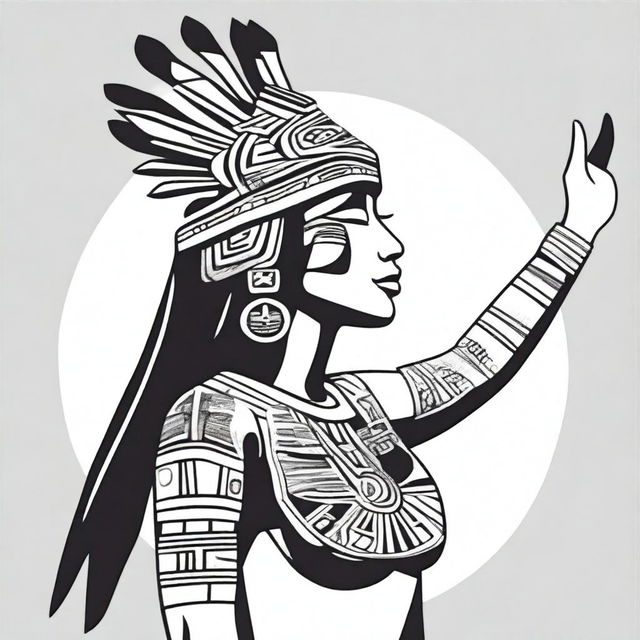 A full drawing of an Aztec woman standing in profile, raising her arms upwards, isolated with nothing around her.