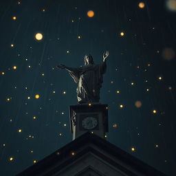 A dramatic perspective of a blood-stained statue on top of a cathedral, under a dark night sky with rain falling