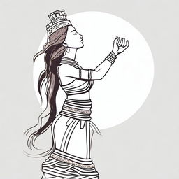 A full drawing of a Maya woman standing in profile, raising her arms upwards, isolated with nothing around her.