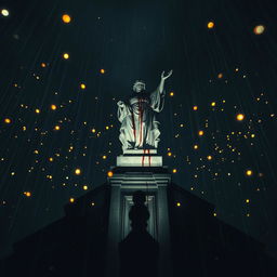 A dramatic perspective of a blood-stained statue on top of a cathedral, under a dark night sky with rain falling