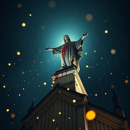 A dramatic perspective of a blood-stained statue on top of a cathedral, under a dark night sky with rain falling