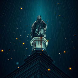 A dramatic perspective of a blood-stained statue on top of a cathedral, under a dark night sky with rain falling